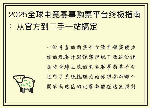2025全球电竞赛事购票平台终极指南：从官方到二手一站搞定